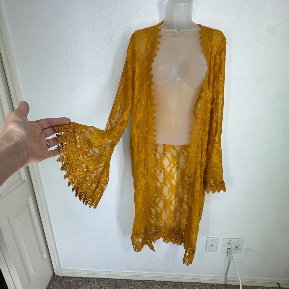 Mustard Yellow Floral Lace Duster Bell Sleeve Cardigan Size L NEW Boho Ethereal